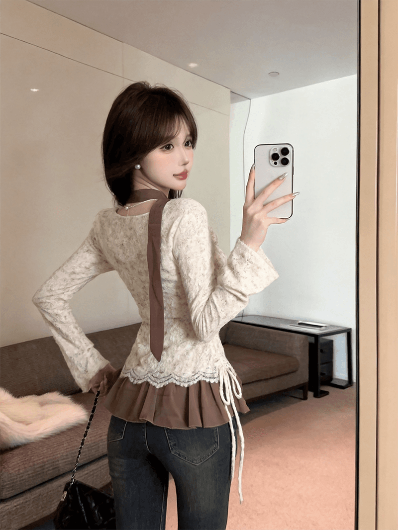실사 가을 프랑스식 흔들다 칼라 패치워크 쉬폰 긴팔 페이크 레이어드 레이스업 순수한 욕망 바람 리본 핫걸 풀오버 티셔츠 상세 이미지 3