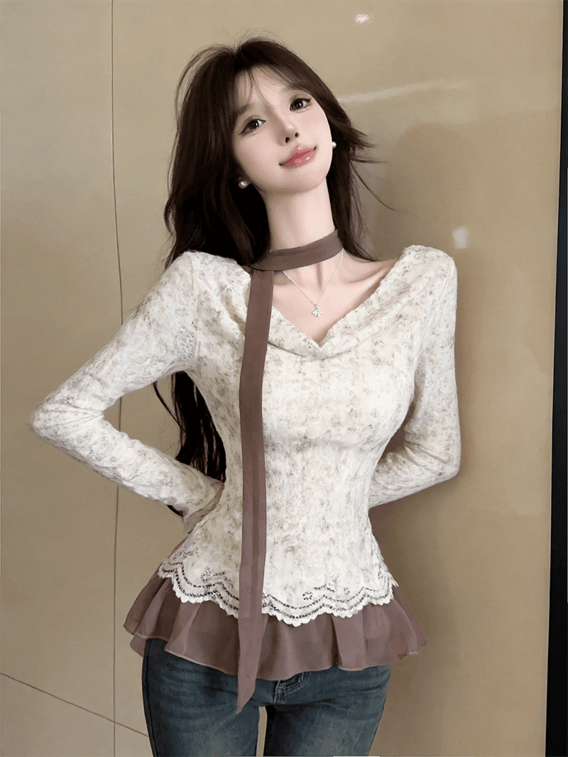실사 가을 프랑스식 흔들다 칼라 패치워크 쉬폰 긴팔 페이크 레이어드 레이스업 순수한 욕망 바람 리본 핫걸 풀오버 티셔츠 상세 이미지 5