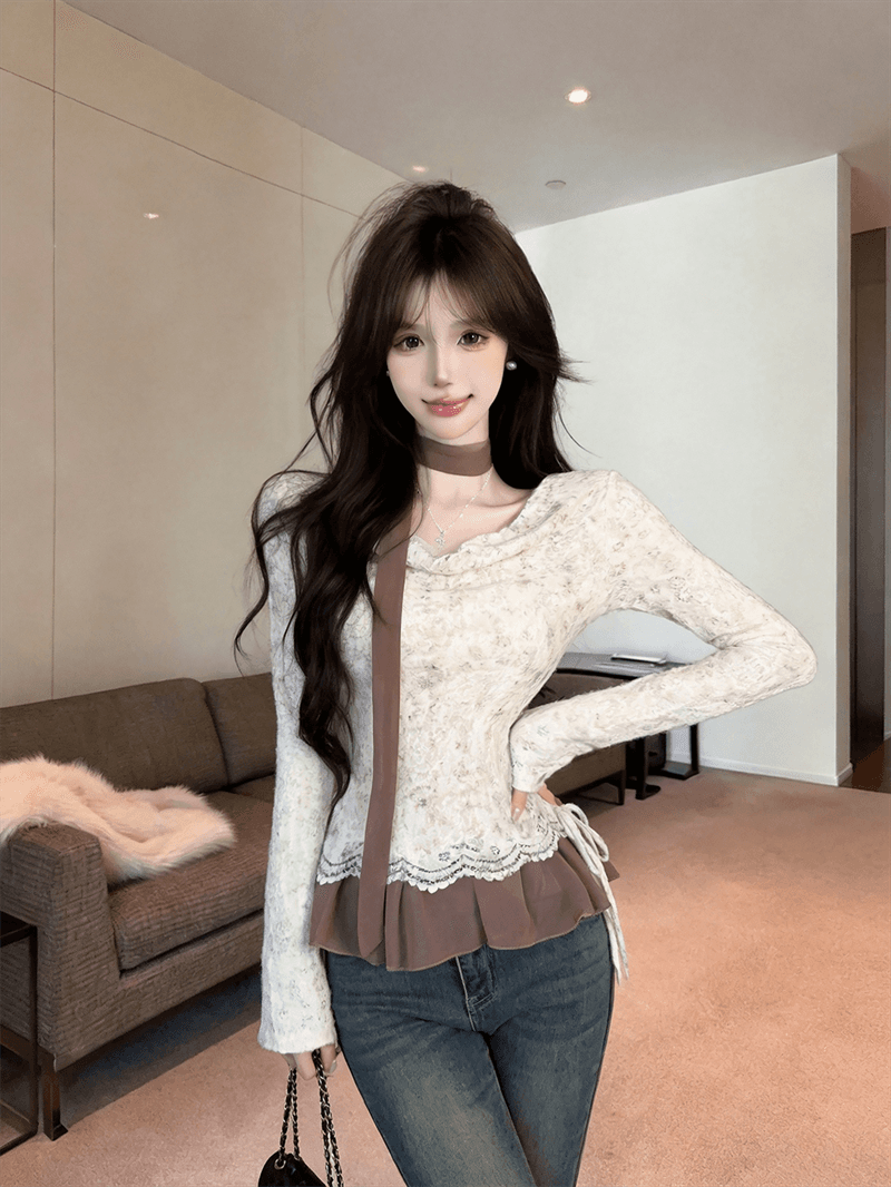 실사 가을 프랑스식 흔들다 칼라 패치워크 쉬폰 긴팔 페이크 레이어드 레이스업 순수한 욕망 바람 리본 핫걸 풀오버 티셔츠 상세 이미지 6