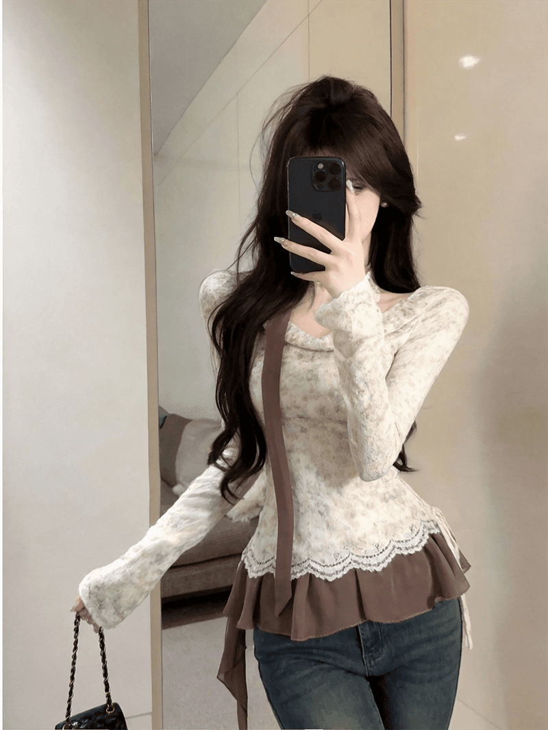 실사 가을 프랑스식 흔들다 칼라 패치워크 쉬폰 긴팔 페이크 레이어드 레이스업 순수한 욕망 바람 리본 핫걸 풀오버 티셔츠 상세 이미지 7