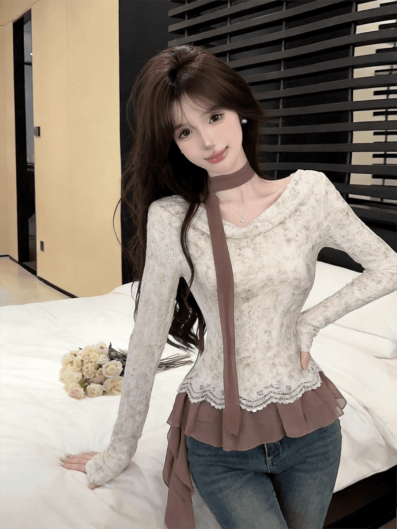 실사 가을 프랑스식 흔들다 칼라 패치워크 쉬폰 긴팔 페이크 레이어드 레이스업 순수한 욕망 바람 리본 핫걸 풀오버 티셔츠 상세 이미지 8