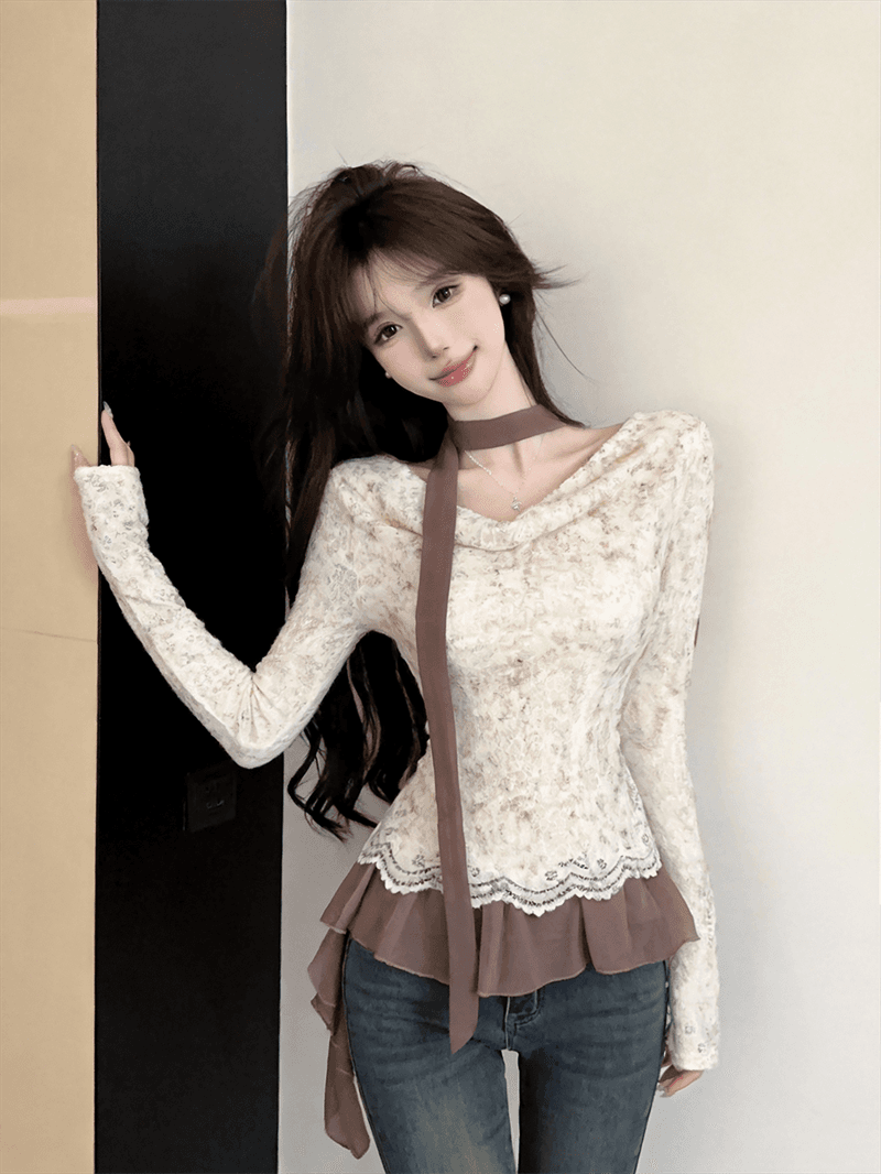 실사 가을 프랑스식 흔들다 칼라 패치워크 쉬폰 긴팔 페이크 레이어드 레이스업 순수한 욕망 바람 리본 핫걸 풀오버 티셔츠 상세 이미지 9