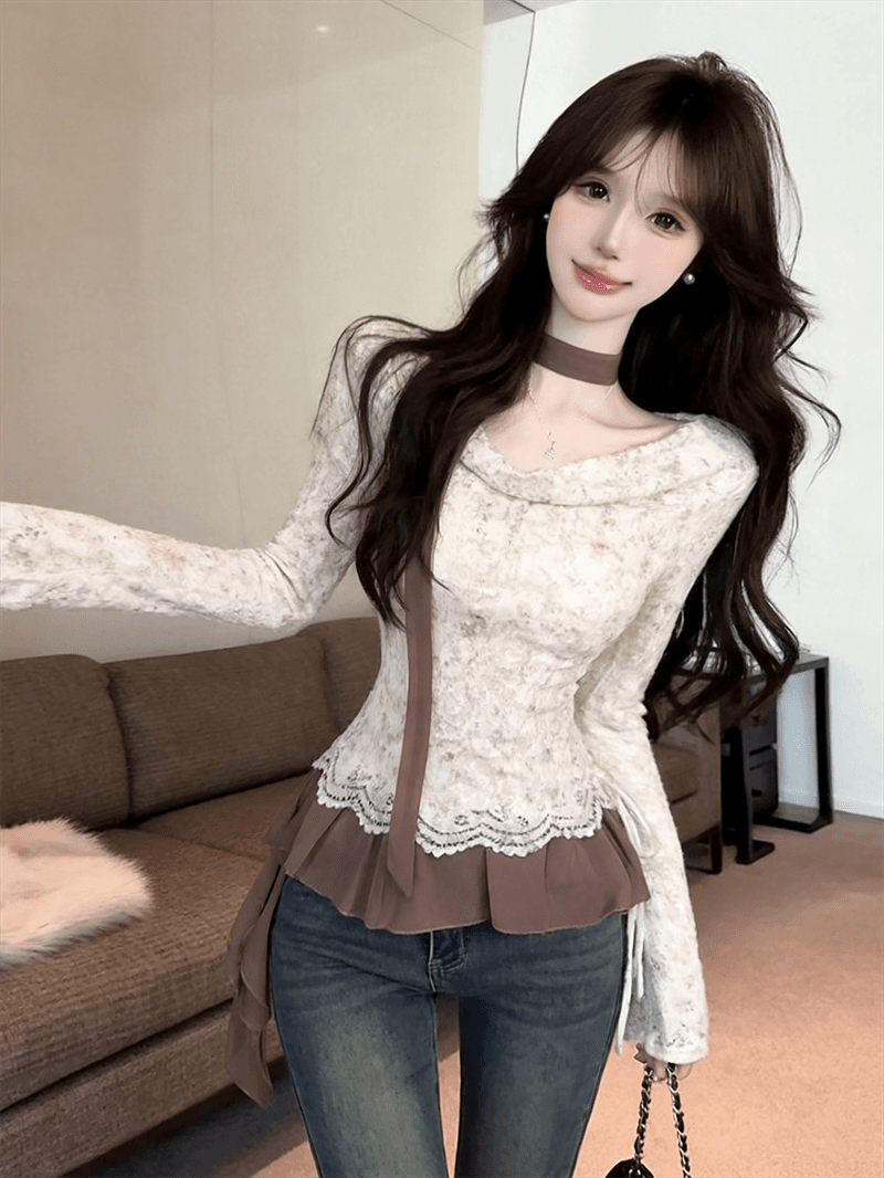 실사 가을 프랑스식 흔들다 칼라 패치워크 쉬폰 긴팔 페이크 레이어드 레이스업 순수한 욕망 바람 리본 핫걸 풀오버 티셔츠 상세 이미지 10