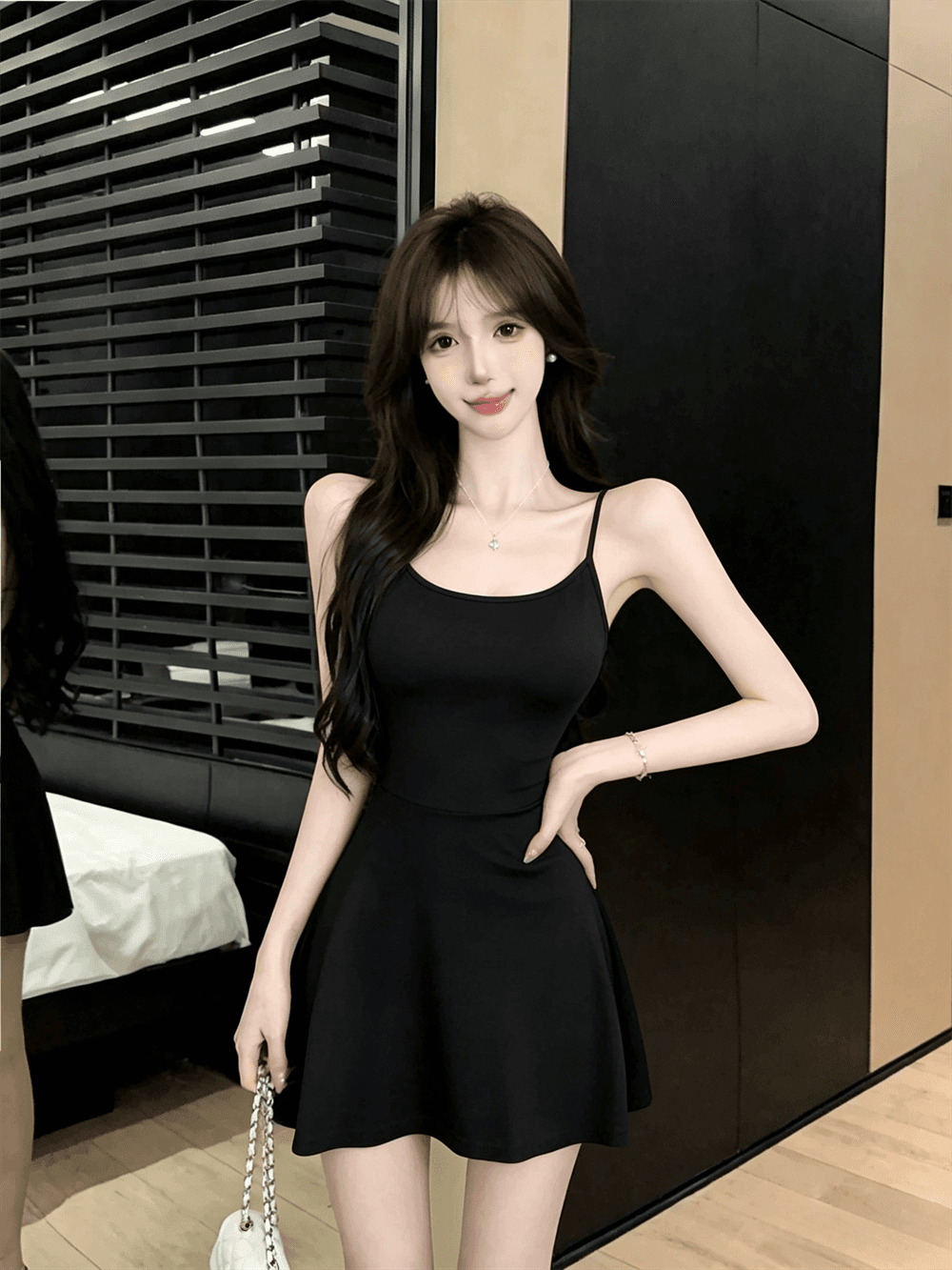 실사 봄 가을 V넥 섹시함 타이트 스커트 허리 수축 슬립 드레스 쇼트 스타일 긴팔 오픈 가디건 숄 핫걸 투피스 세트 이미지 2