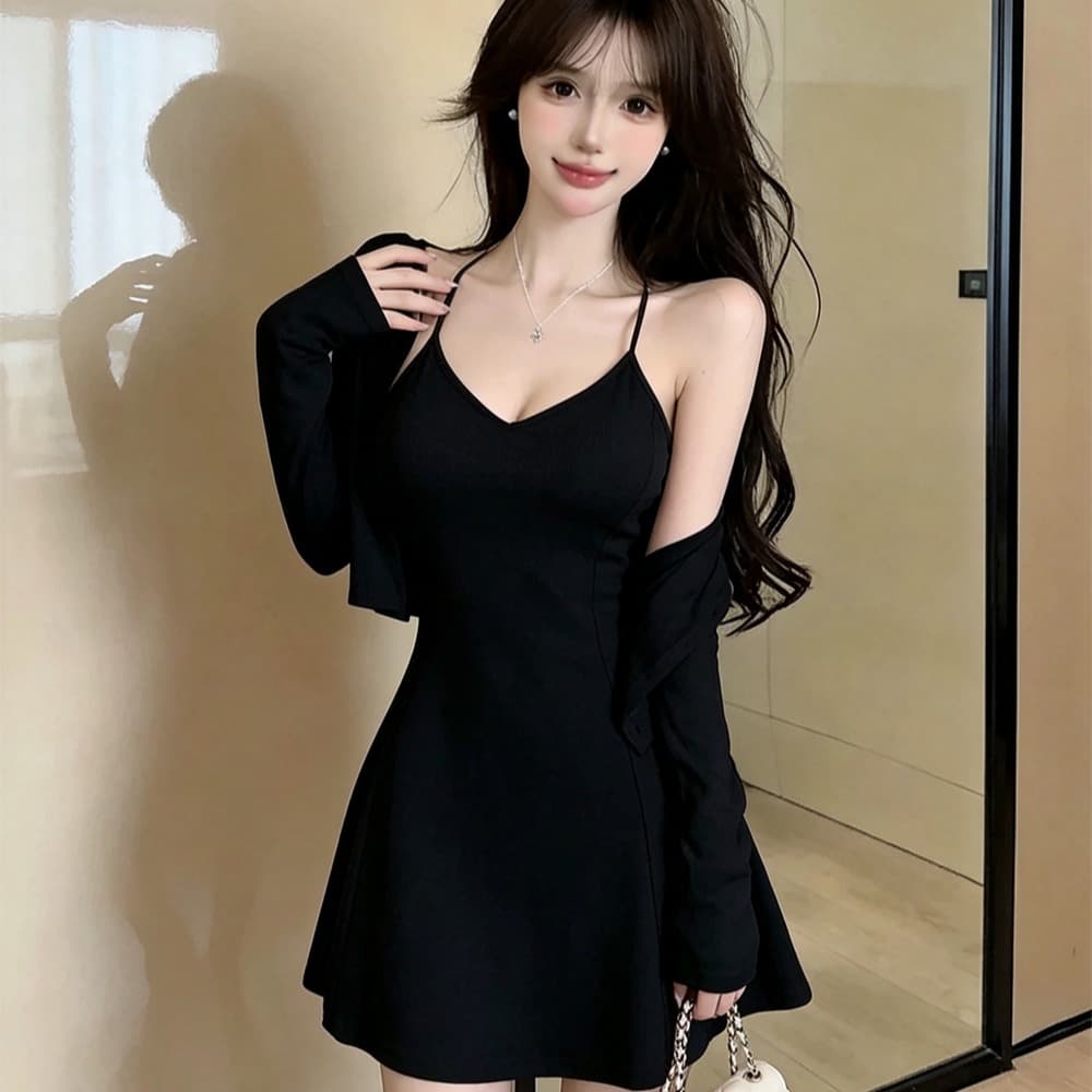 실사 봄 가을 V넥 섹시함 타이트 스커트 허리 수축 슬립 드레스 쇼트 스타일 긴팔 오픈 가디건 숄 핫걸 투피스 세트 이미지 5