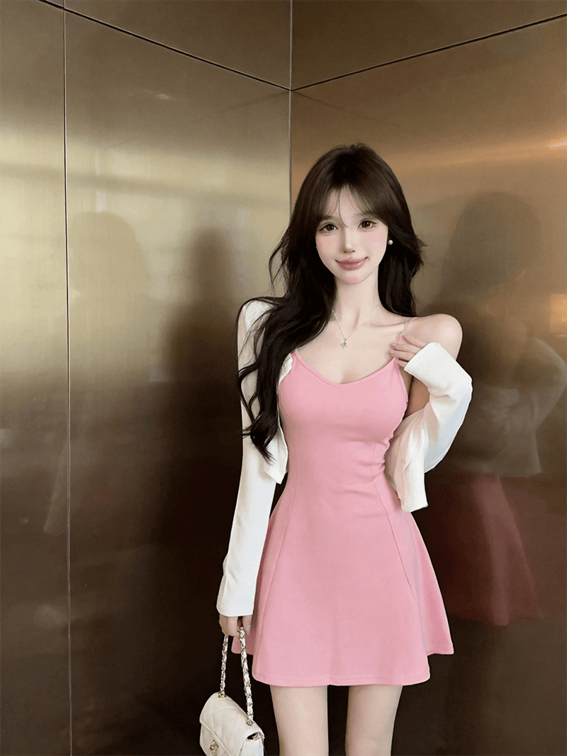실사 봄 가을 V넥 섹시함 타이트 스커트 허리 수축 슬립 드레스 쇼트 스타일 긴팔 오픈 가디건 숄 핫걸 투피스 세트 상세 이미지 1