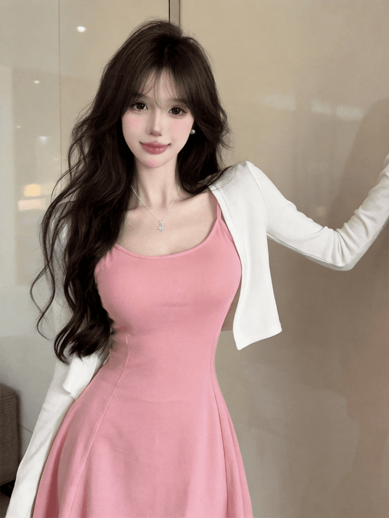실사 봄 가을 V넥 섹시함 타이트 스커트 허리 수축 슬립 드레스 쇼트 스타일 긴팔 오픈 가디건 숄 핫걸 투피스 세트 상세 이미지 2