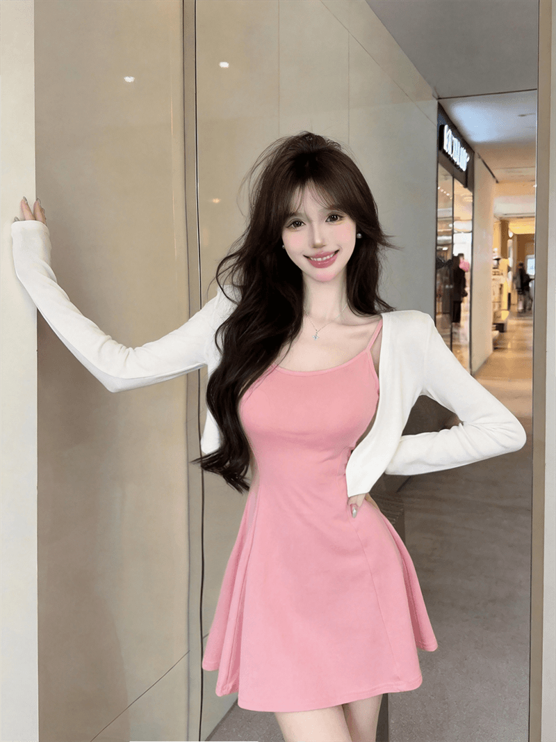 실사 봄 가을 V넥 섹시함 타이트 스커트 허리 수축 슬립 드레스 쇼트 스타일 긴팔 오픈 가디건 숄 핫걸 투피스 세트 상세 이미지 4