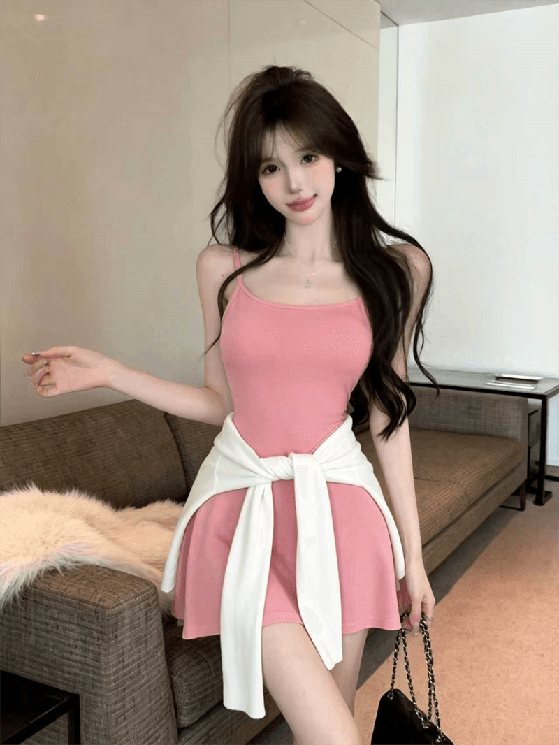 실사 봄 가을 V넥 섹시함 타이트 스커트 허리 수축 슬립 드레스 쇼트 스타일 긴팔 오픈 가디건 숄 핫걸 투피스 세트 상세 이미지 5