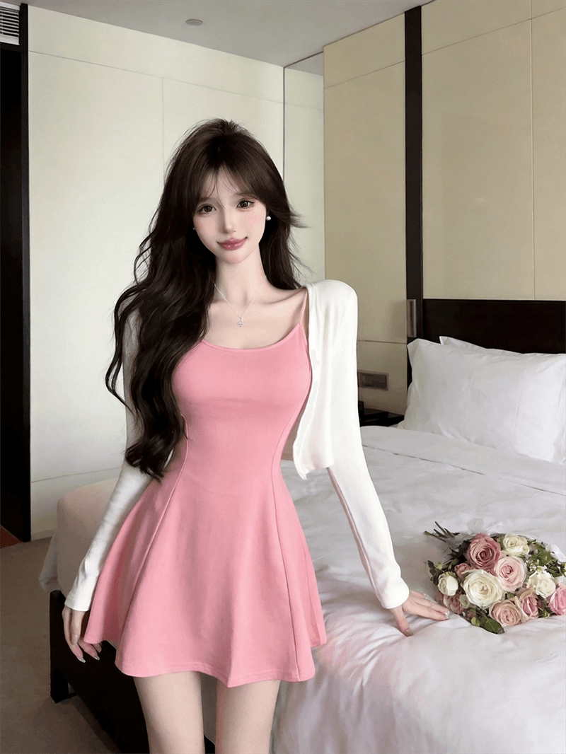 실사 봄 가을 V넥 섹시함 타이트 스커트 허리 수축 슬립 드레스 쇼트 스타일 긴팔 오픈 가디건 숄 핫걸 투피스 세트 상세 이미지 6