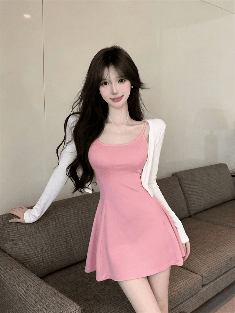 실사 봄 가을 V넥 섹시함 타이트 스커트 허리 수축 슬립 드레스 쇼트 스타일 긴팔 오픈 가디건 숄 핫걸 투피스 세트 상세 이미지 11