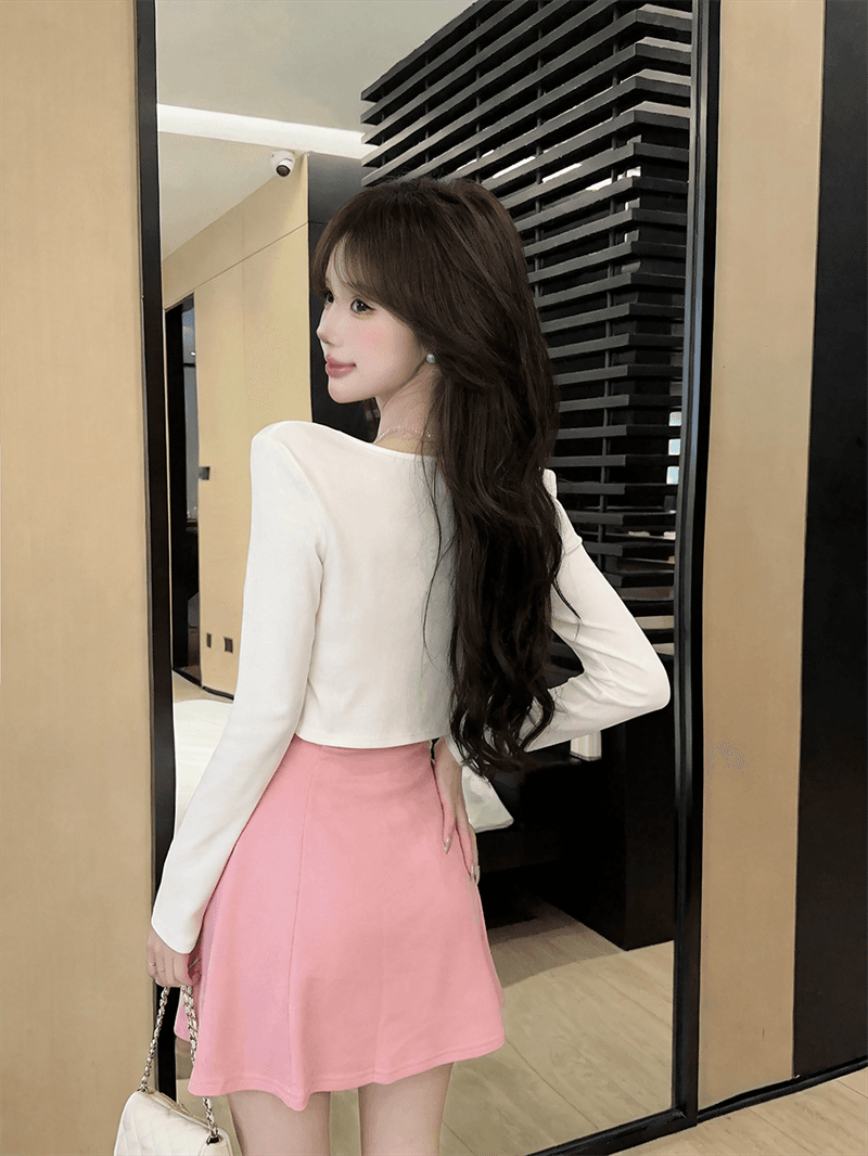 실사 봄 가을 V넥 섹시함 타이트 스커트 허리 수축 슬립 드레스 쇼트 스타일 긴팔 오픈 가디건 숄 핫걸 투피스 세트 상세 이미지 12