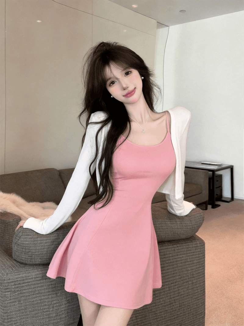 실사 봄 가을 V넥 섹시함 타이트 스커트 허리 수축 슬립 드레스 쇼트 스타일 긴팔 오픈 가디건 숄 핫걸 투피스 세트 상세 이미지 13