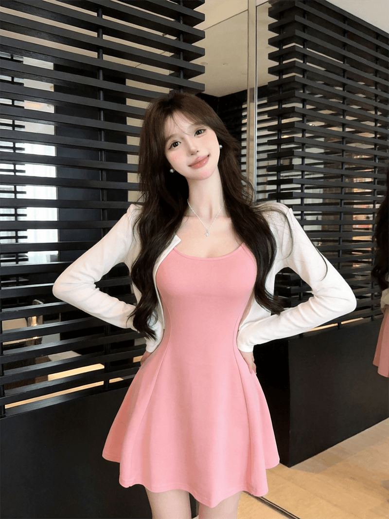 실사 봄 가을 V넥 섹시함 타이트 스커트 허리 수축 슬립 드레스 쇼트 스타일 긴팔 오픈 가디건 숄 핫걸 투피스 세트 상세 이미지 14