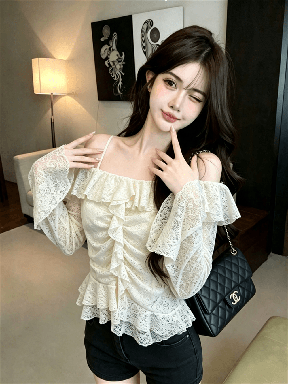실사 가을 보트넥 패치워크 펌프 Pleat 몸매 가꾸기 불규칙 긴팔 슬립 맨위 핫걸 벌룬 소매 티셔츠