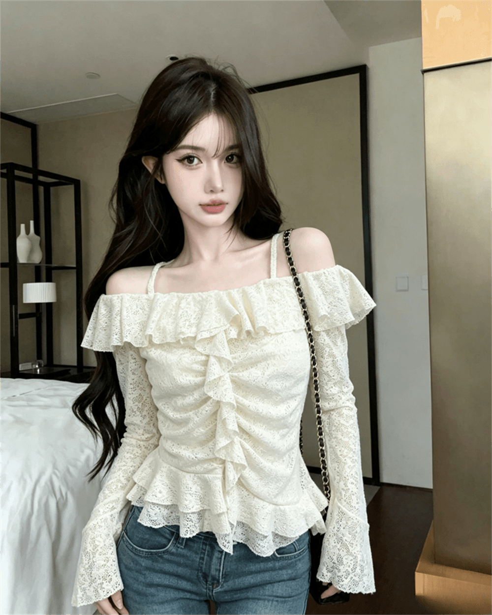 실사 가을 보트넥 패치워크 펌프 Pleat 몸매 가꾸기 불규칙 긴팔 슬립 맨위 핫걸 벌룬 소매 티셔츠 이미지 2