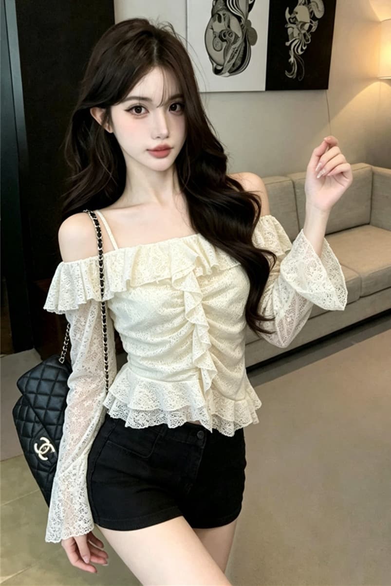 실사 가을 보트넥 패치워크 펌프 Pleat 몸매 가꾸기 불규칙 긴팔 슬립 맨위 핫걸 벌룬 소매 티셔츠 이미지 6