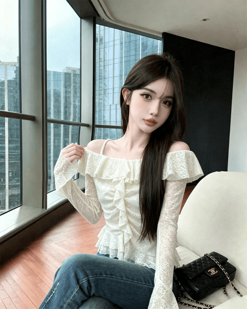 실사 가을 보트넥 패치워크 펌프 Pleat 몸매 가꾸기 불규칙 긴팔 슬립 맨위 핫걸 벌룬 소매 티셔츠 상세 이미지 3