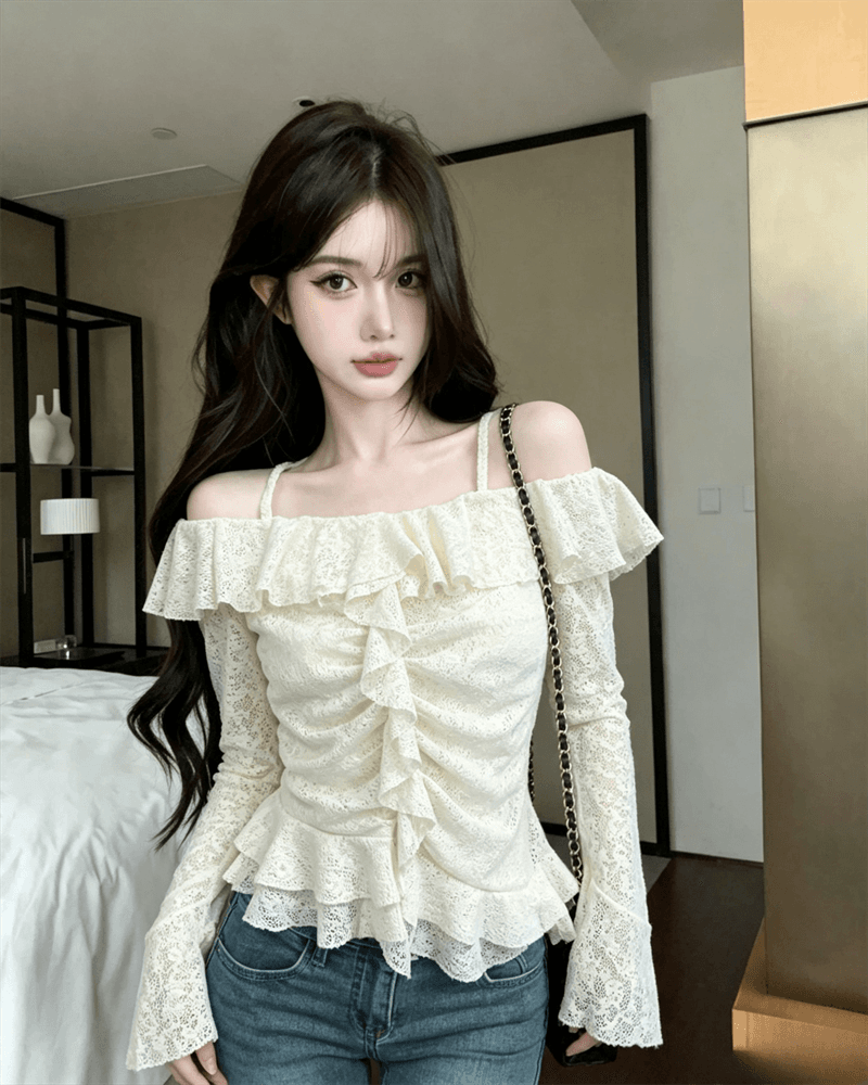실사 가을 보트넥 패치워크 펌프 Pleat 몸매 가꾸기 불규칙 긴팔 슬립 맨위 핫걸 벌룬 소매 티셔츠 상세 이미지 4