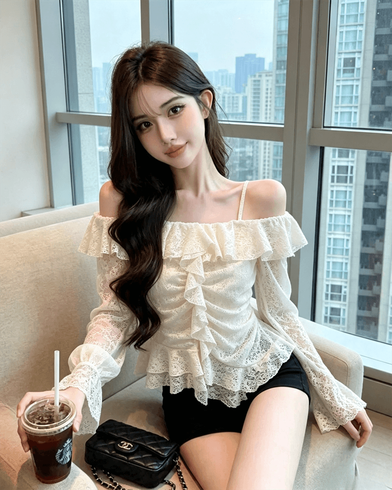 실사 가을 보트넥 패치워크 펌프 Pleat 몸매 가꾸기 불규칙 긴팔 슬립 맨위 핫걸 벌룬 소매 티셔츠 상세 이미지 5