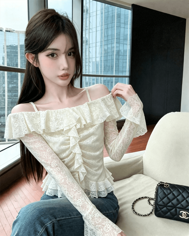 실사 가을 보트넥 패치워크 펌프 Pleat 몸매 가꾸기 불규칙 긴팔 슬립 맨위 핫걸 벌룬 소매 티셔츠 상세 이미지 7
