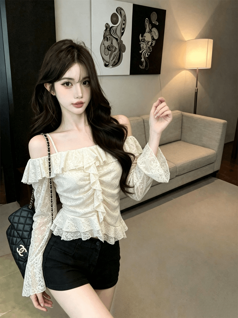 실사 가을 보트넥 패치워크 펌프 Pleat 몸매 가꾸기 불규칙 긴팔 슬립 맨위 핫걸 벌룬 소매 티셔츠 상세 이미지 9