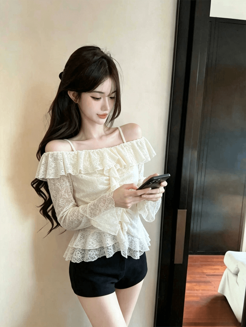 실사 가을 보트넥 패치워크 펌프 Pleat 몸매 가꾸기 불규칙 긴팔 슬립 맨위 핫걸 벌룬 소매 티셔츠 상세 이미지 10