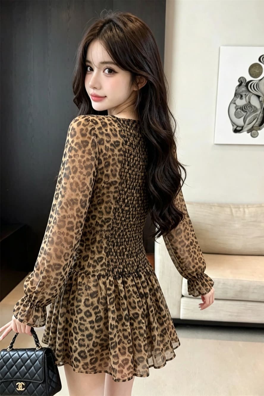 실사 봄 가을 프랑스식 V넥 섹시함 허리 수축 중간 길이 경기 스카프 티셔츠 순수한 욕망 바람 레오파드 무늬 거품 소매 드레스 이미지 6