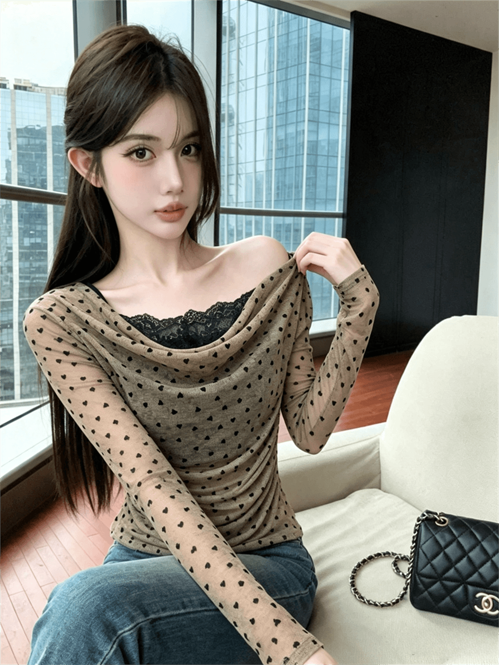 실사 가을 순수한 욕망 흔들다 칼라 패치워크 레이스 측면 길이 소매 맨위 핫걸 하트 배색 풀오버 페이크 레이어드 티셔츠