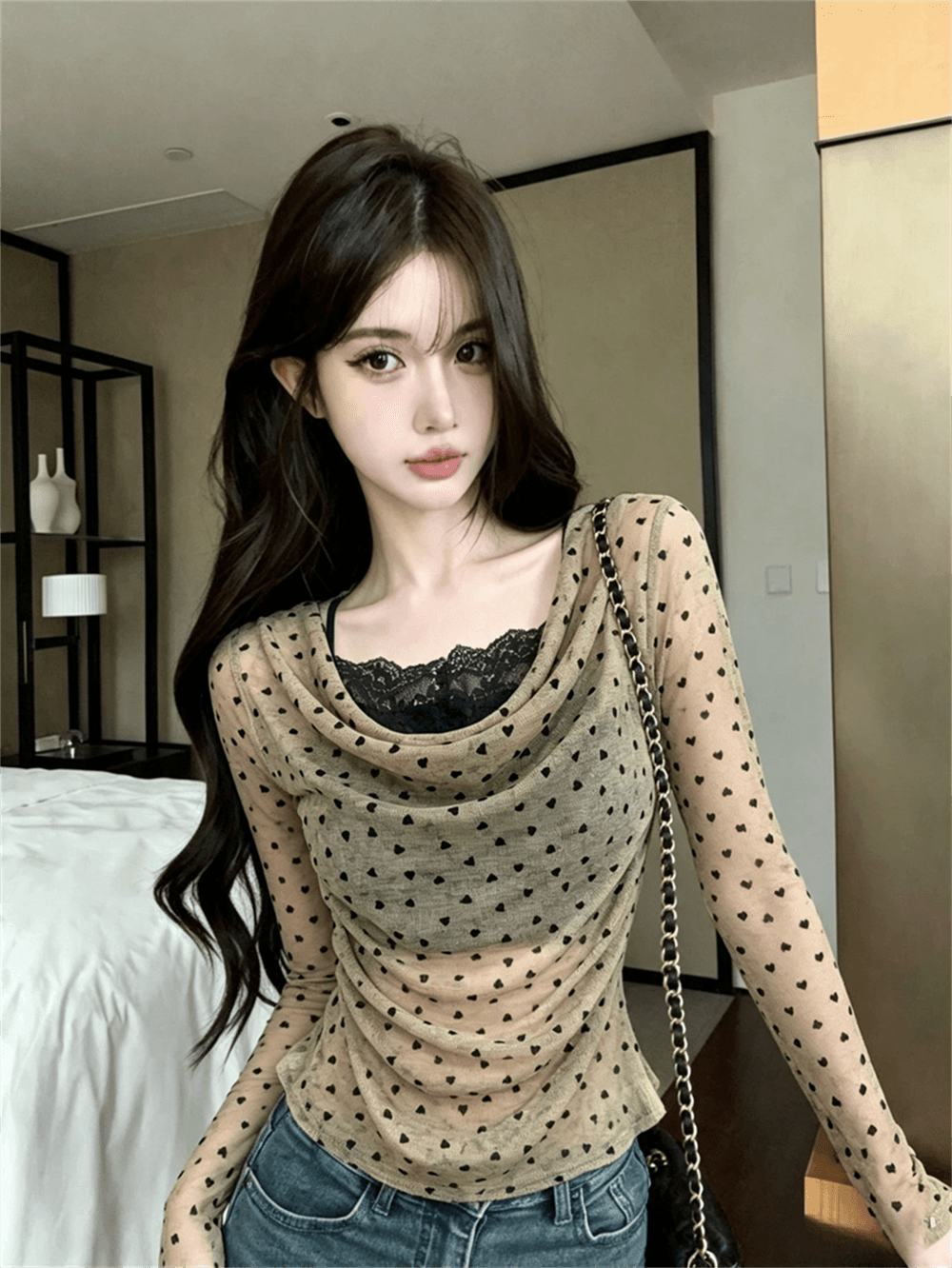 실사 가을 순수한 욕망 흔들다 칼라 패치워크 레이스 측면 길이 소매 맨위 핫걸 하트 배색 풀오버 페이크 레이어드 티셔츠 이미지 2