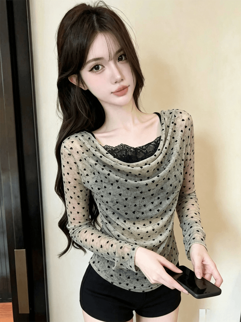 실사 가을 순수한 욕망 흔들다 칼라 패치워크 레이스 측면 길이 소매 맨위 핫걸 하트 배색 풀오버 페이크 레이어드 티셔츠 상세 이미지 2