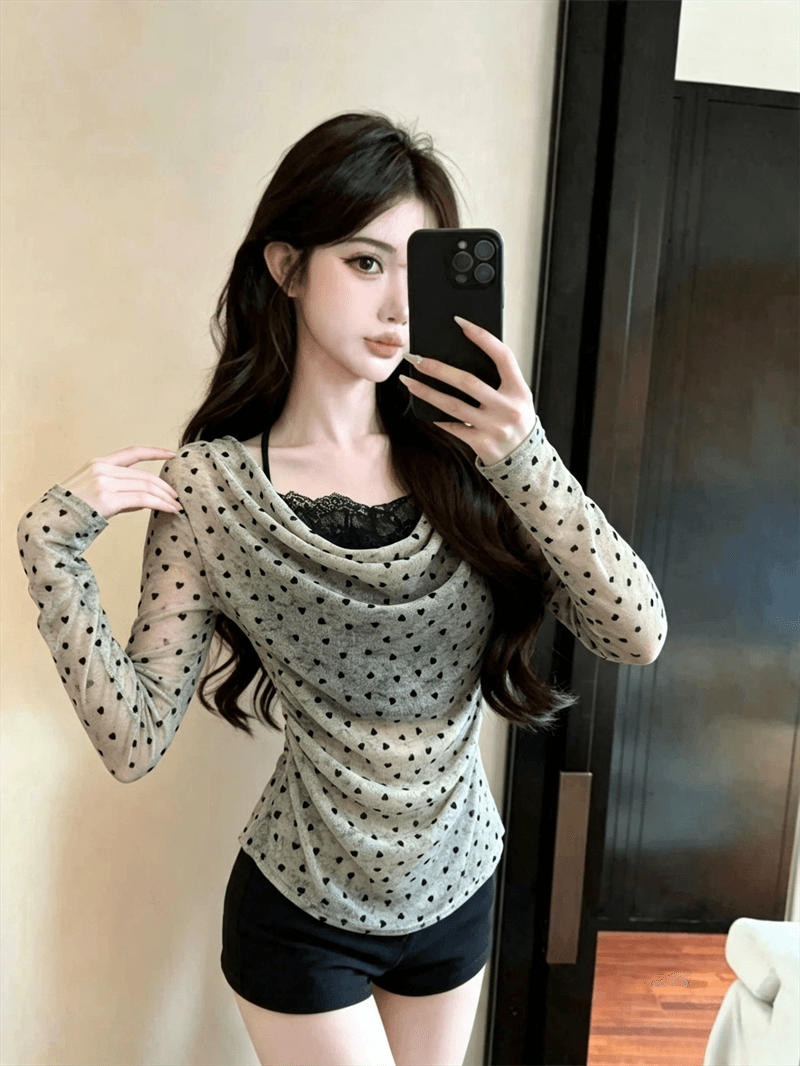 실사 가을 순수한 욕망 흔들다 칼라 패치워크 레이스 측면 길이 소매 맨위 핫걸 하트 배색 풀오버 페이크 레이어드 티셔츠 상세 이미지 4