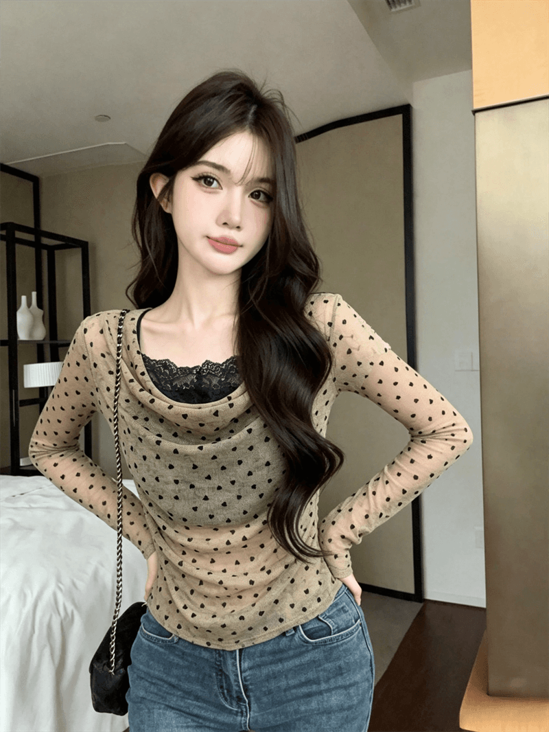 실사 가을 순수한 욕망 흔들다 칼라 패치워크 레이스 측면 길이 소매 맨위 핫걸 하트 배색 풀오버 페이크 레이어드 티셔츠 상세 이미지 5