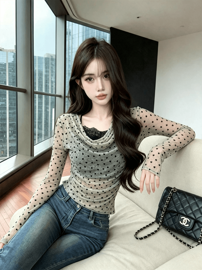 실사 가을 순수한 욕망 흔들다 칼라 패치워크 레이스 측면 길이 소매 맨위 핫걸 하트 배색 풀오버 페이크 레이어드 티셔츠 상세 이미지 6