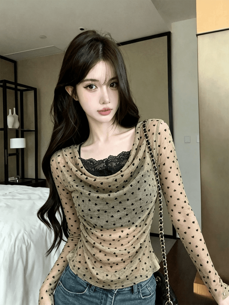 실사 가을 순수한 욕망 흔들다 칼라 패치워크 레이스 측면 길이 소매 맨위 핫걸 하트 배색 풀오버 페이크 레이어드 티셔츠 상세 이미지 7