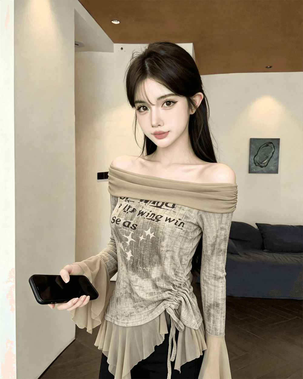 실사 가을 비스듬한 칼라 패치워크 쉬폰 몸매 가꾸기 나팔 소매 맨위 핫걸 불규칙 펌프 로프 중간 길이 티셔츠 트렌디