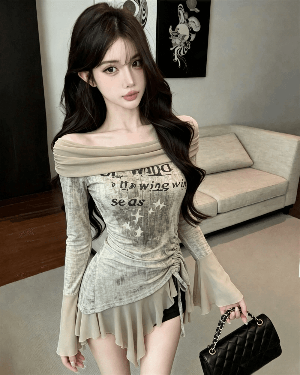 실사 가을 비스듬한 칼라 패치워크 쉬폰 몸매 가꾸기 나팔 소매 맨위 핫걸 불규칙 펌프 로프 중간 길이 티셔츠 트렌디 이미지 2