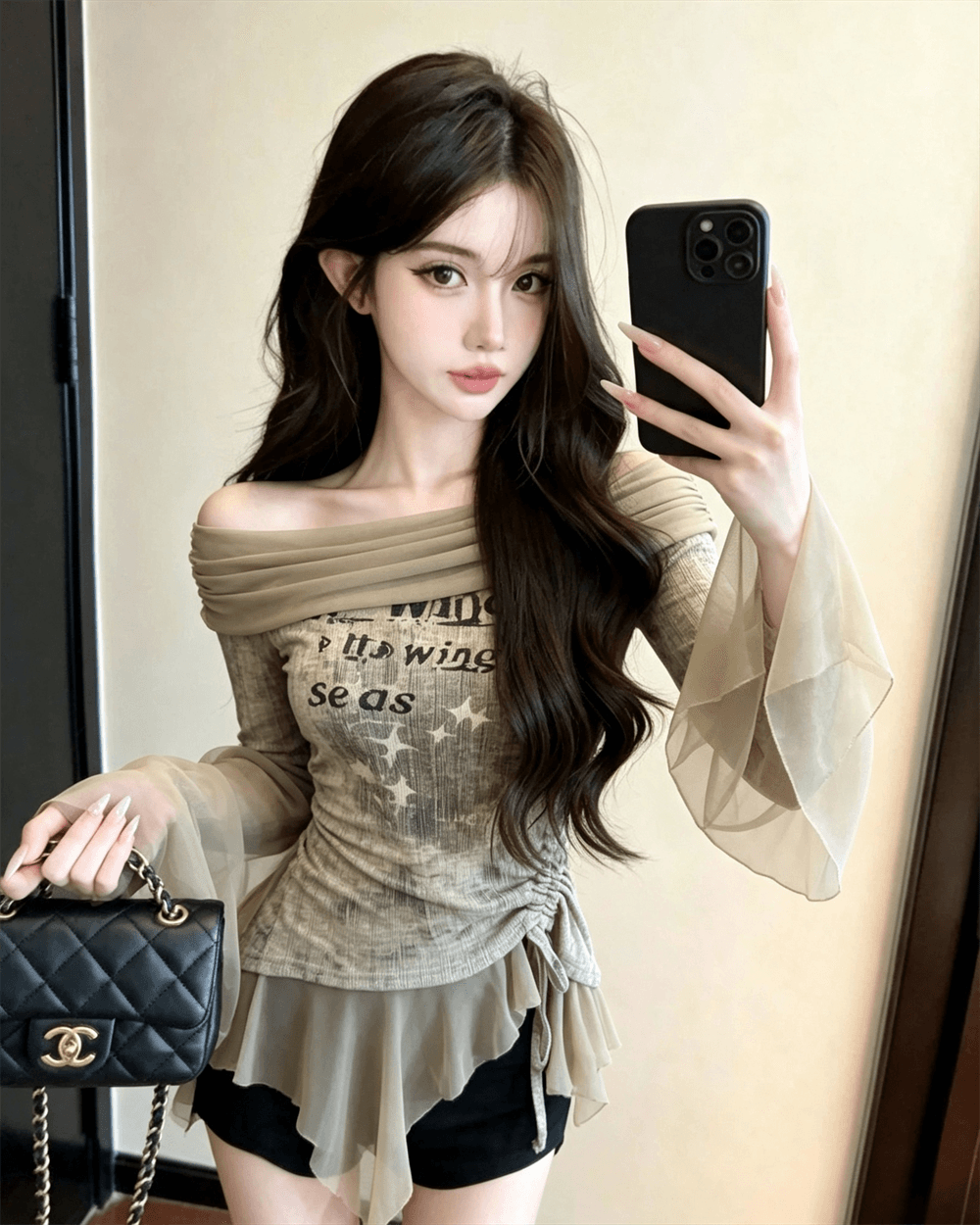 실사 가을 비스듬한 칼라 패치워크 쉬폰 몸매 가꾸기 나팔 소매 맨위 핫걸 불규칙 펌프 로프 중간 길이 티셔츠 트렌디 이미지 4