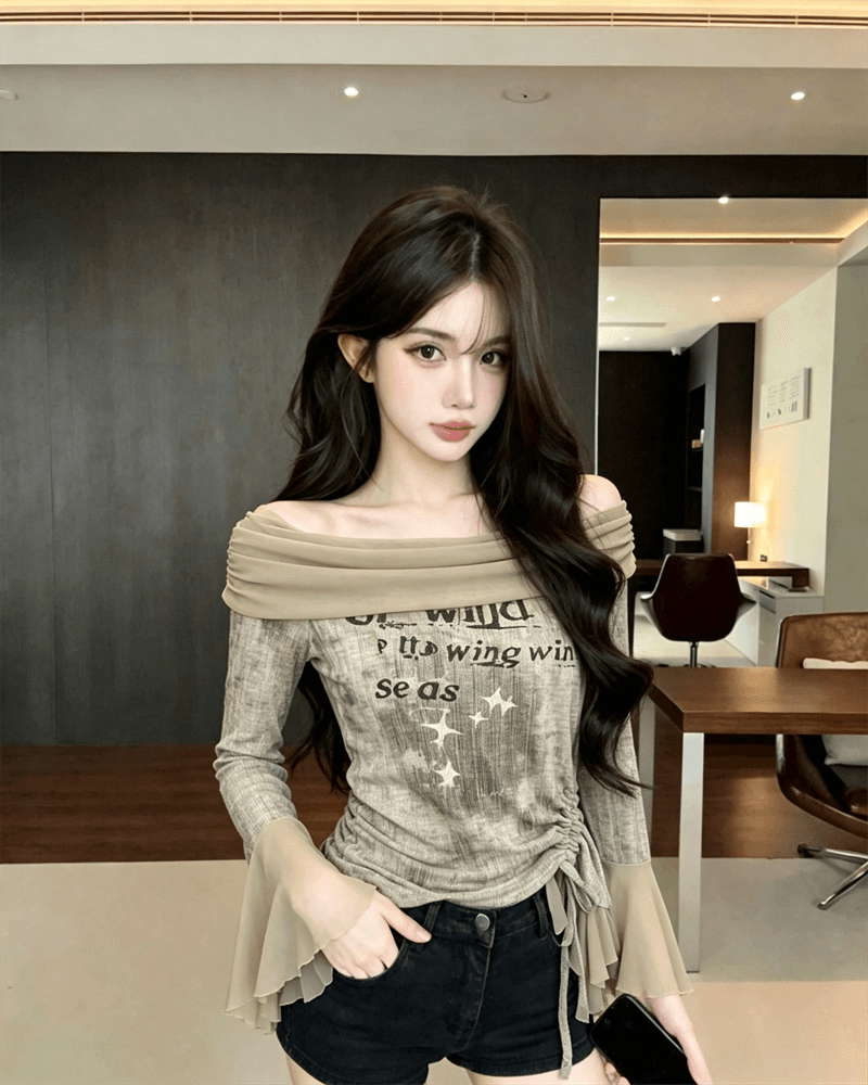실사 가을 비스듬한 칼라 패치워크 쉬폰 몸매 가꾸기 나팔 소매 맨위 핫걸 불규칙 펌프 로프 중간 길이 티셔츠 트렌디 상세 이미지 4