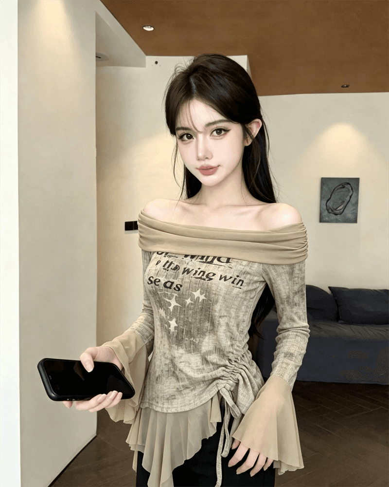 실사 가을 비스듬한 칼라 패치워크 쉬폰 몸매 가꾸기 나팔 소매 맨위 핫걸 불규칙 펌프 로프 중간 길이 티셔츠 트렌디 상세 이미지 5