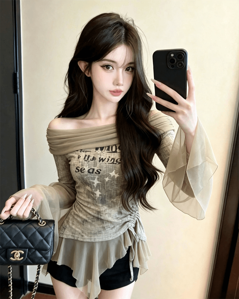 실사 가을 비스듬한 칼라 패치워크 쉬폰 몸매 가꾸기 나팔 소매 맨위 핫걸 불규칙 펌프 로프 중간 길이 티셔츠 트렌디 상세 이미지 7