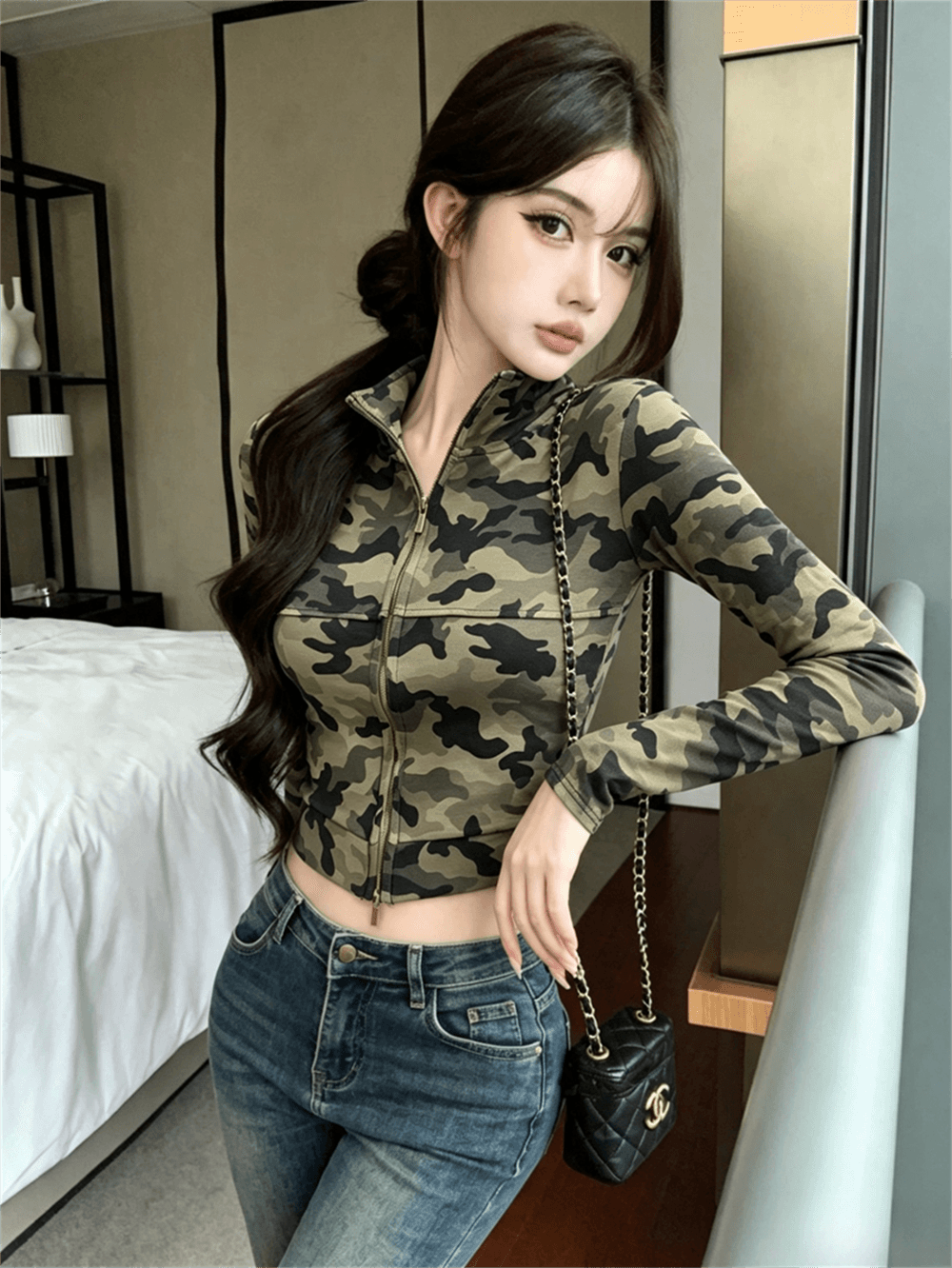 실사 가을 한국 스타일 작은 키 스탠드 칼라 패치워크 지퍼 섹션 긴팔 몸매 가꾸기 핫걸 쇼트 스타일 카모플라주 오픈 가디건 티셔츠 이미지 2