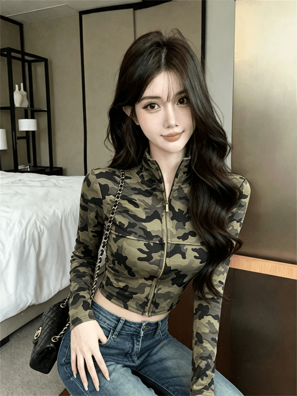 실사 가을 한국 스타일 작은 키 스탠드 칼라 패치워크 지퍼 섹션 긴팔 몸매 가꾸기 핫걸 쇼트 스타일 카모플라주 오픈 가디건 티셔츠 이미지 4