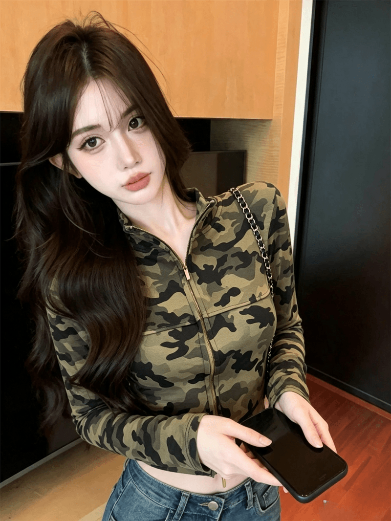 실사 가을 한국 스타일 작은 키 스탠드 칼라 패치워크 지퍼 섹션 긴팔 몸매 가꾸기 핫걸 쇼트 스타일 카모플라주 오픈 가디건 티셔츠 상세 이미지 3