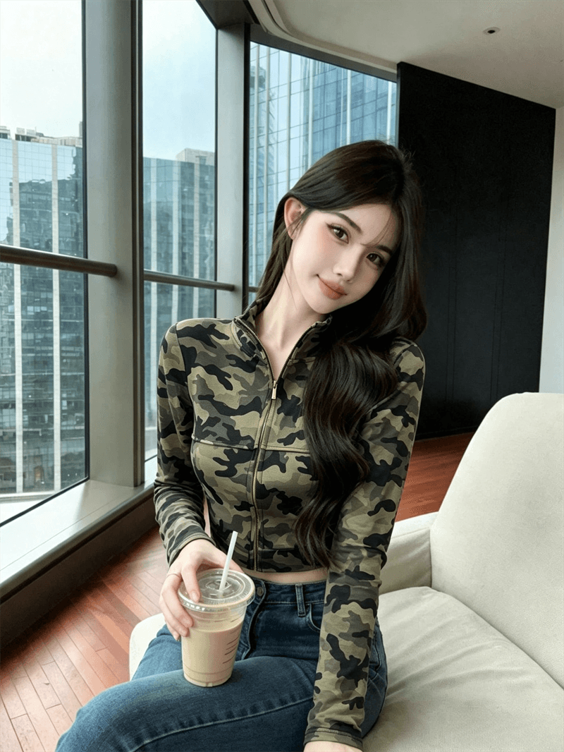 실사 가을 한국 스타일 작은 키 스탠드 칼라 패치워크 지퍼 섹션 긴팔 몸매 가꾸기 핫걸 쇼트 스타일 카모플라주 오픈 가디건 티셔츠 상세 이미지 4
