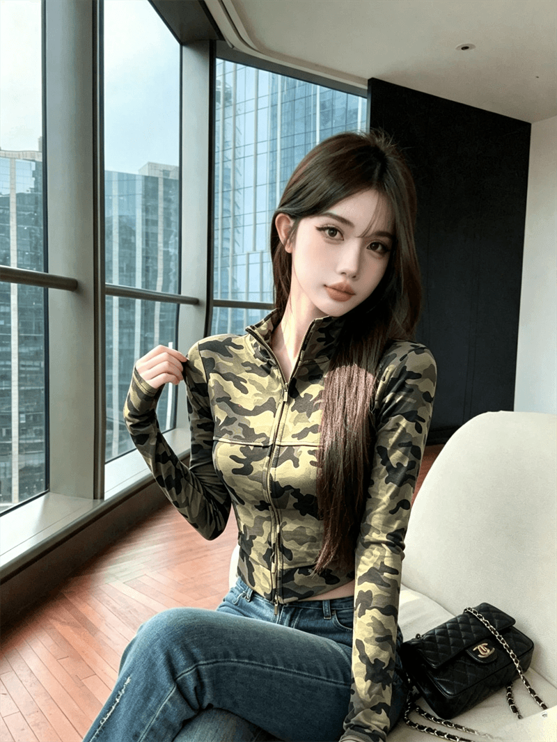 실사 가을 한국 스타일 작은 키 스탠드 칼라 패치워크 지퍼 섹션 긴팔 몸매 가꾸기 핫걸 쇼트 스타일 카모플라주 오픈 가디건 티셔츠 상세 이미지 5