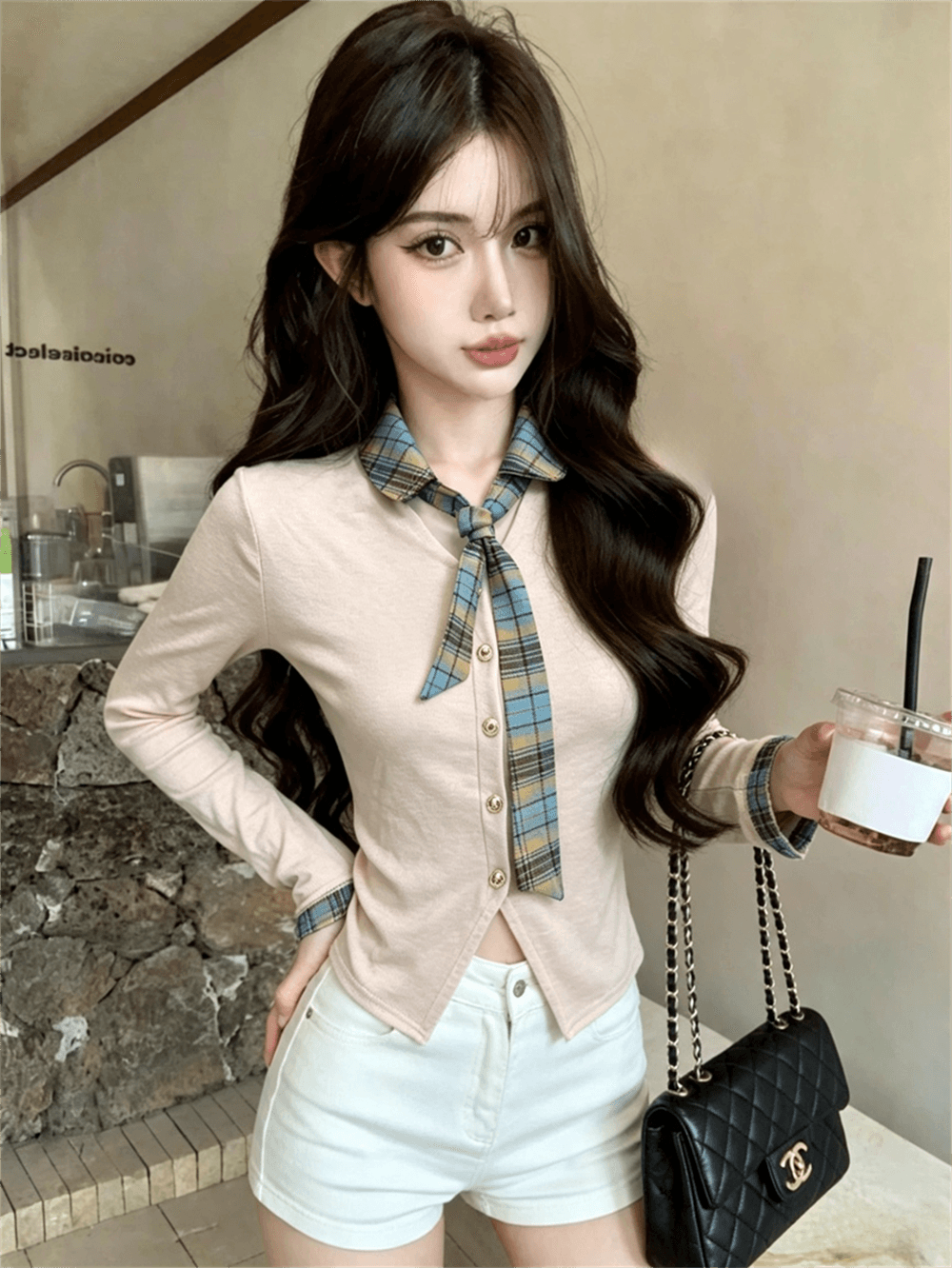 실사 봄 가을 달콤함 POLO 칼라 패치워크 체크무늬 경기 넥타이 몸매 가꾸기 페이크 레이어드 불규칙 핫걸 풀오버 티셔츠 이미지 2