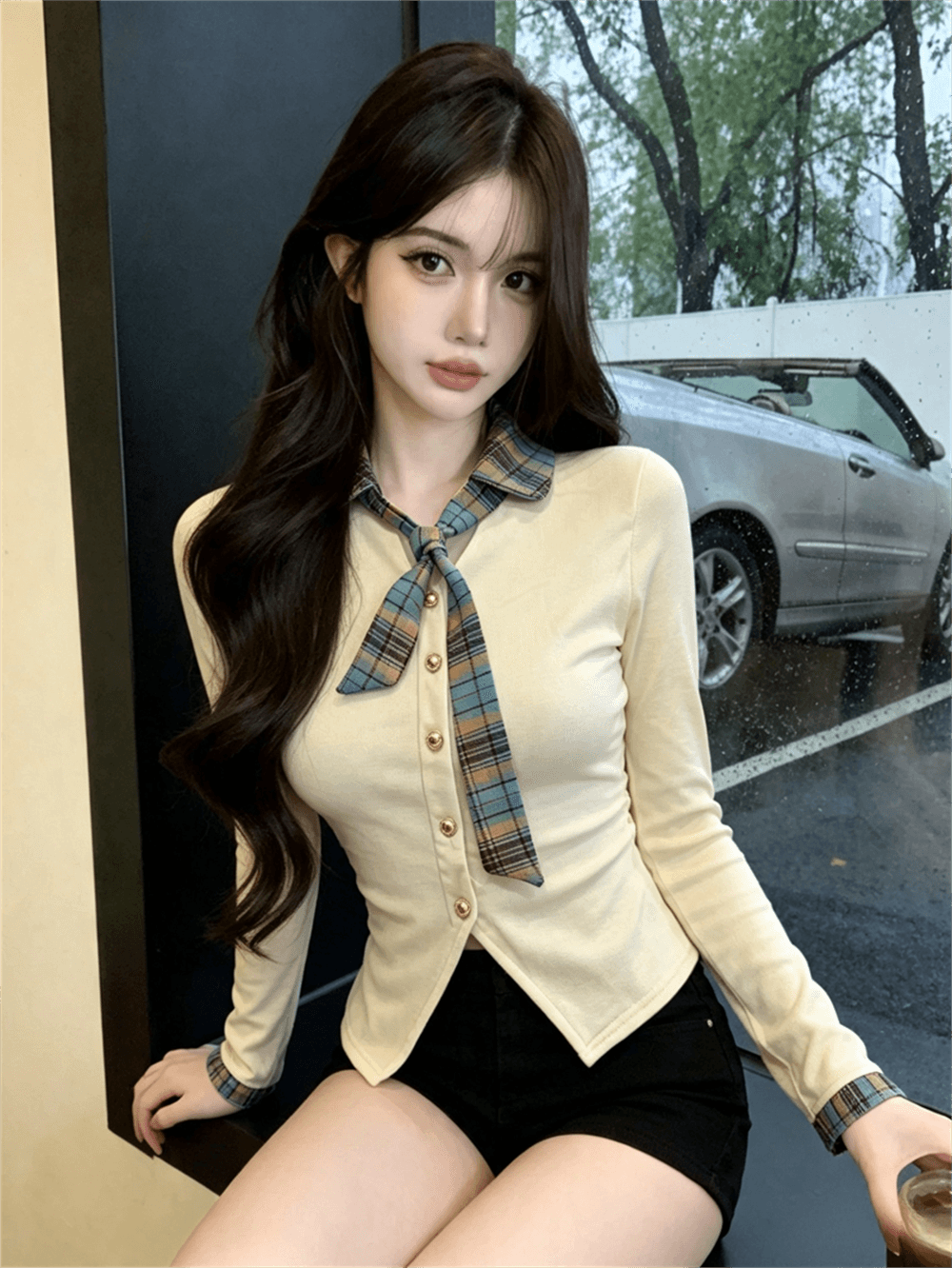실사 봄 가을 달콤함 POLO 칼라 패치워크 체크무늬 경기 넥타이 몸매 가꾸기 페이크 레이어드 불규칙 핫걸 풀오버 티셔츠 이미지 3