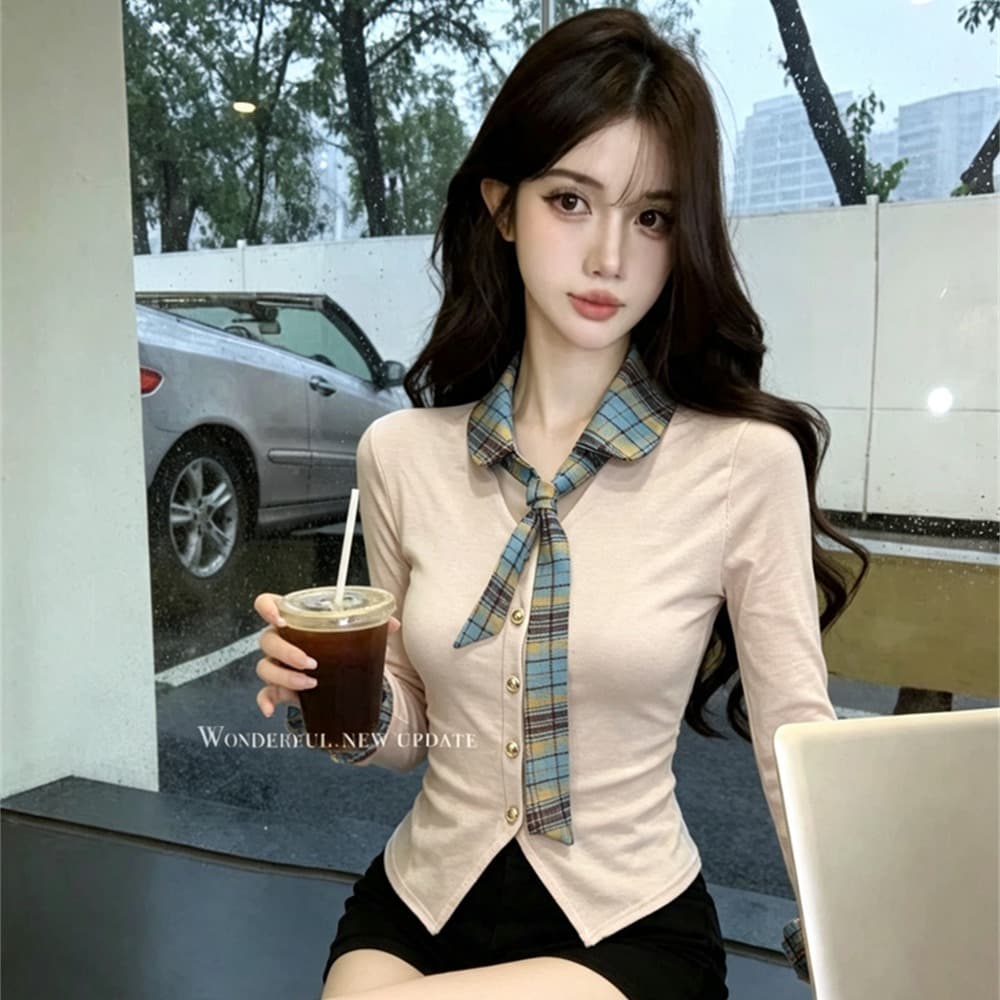 실사 봄 가을 달콤함 POLO 칼라 패치워크 체크무늬 경기 넥타이 몸매 가꾸기 페이크 레이어드 불규칙 핫걸 풀오버 티셔츠 이미지 5