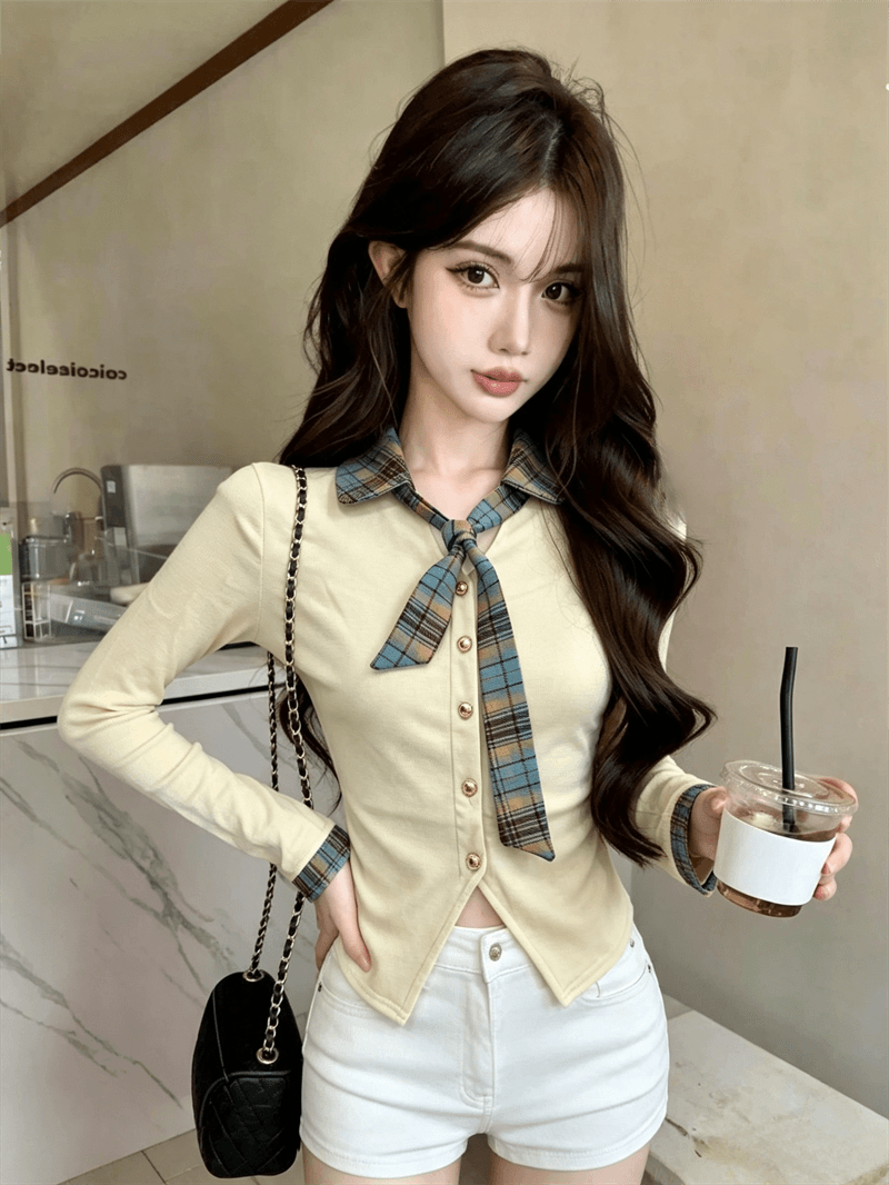실사 봄 가을 달콤함 POLO 칼라 패치워크 체크무늬 경기 넥타이 몸매 가꾸기 페이크 레이어드 불규칙 핫걸 풀오버 티셔츠 상세 이미지 3
